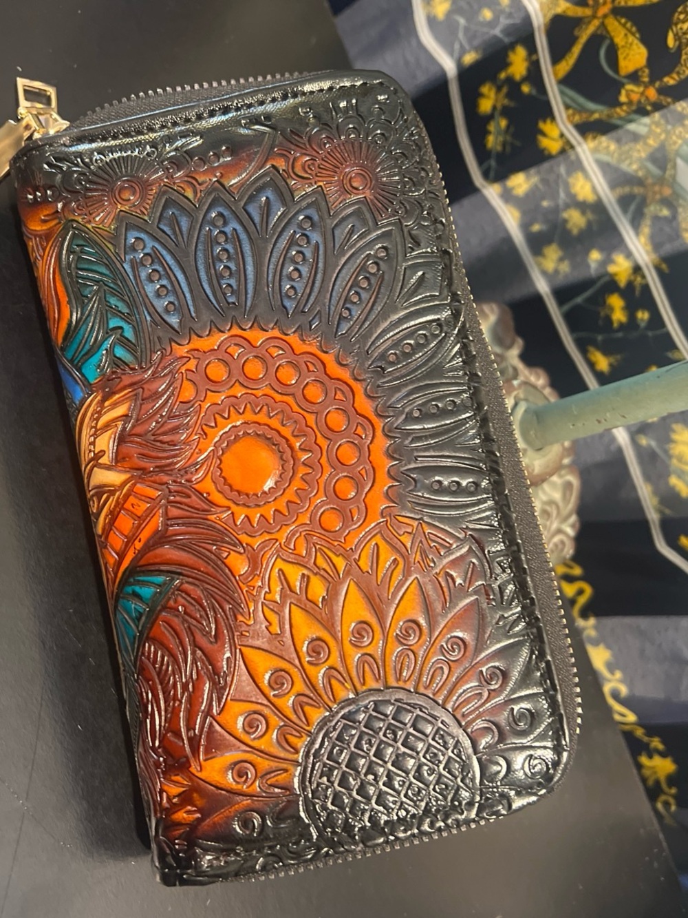Embossed Floral Leather Zip Wallet - Black & Orange NWOT